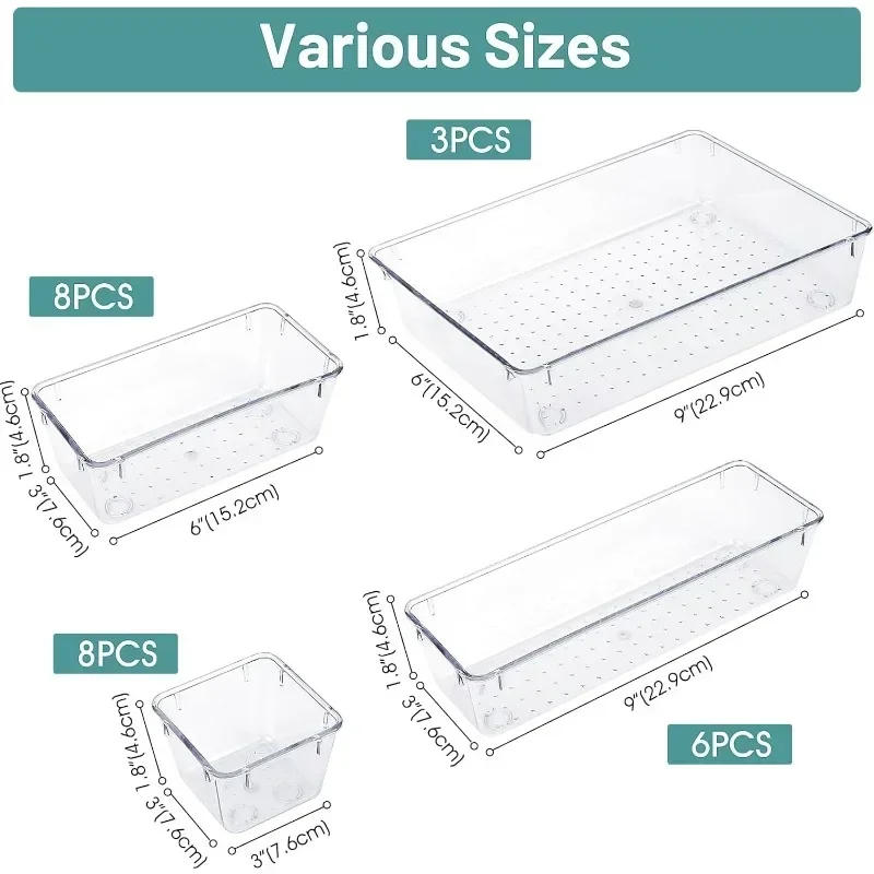 Description Picture 4 of item24/16/8/4pcs Drawer Organizers Set Clear Plastic Desk Dividers Bins Bedroom Dresser Office Storage Box for Makeup Gadgets