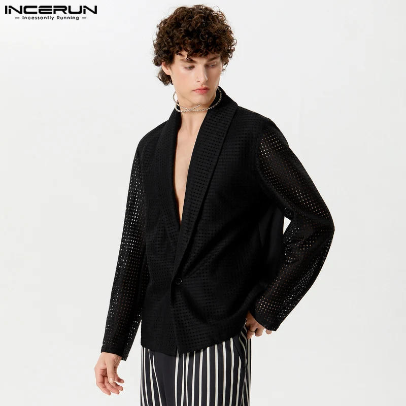 Description Picture 3 of itemHandsome Well Fitting Tops INCERUN Men's Hollow Mesh Solid Blazer Casual Party Shows Hot Sale Long Sleeved Suit Coats S-5XL 2023