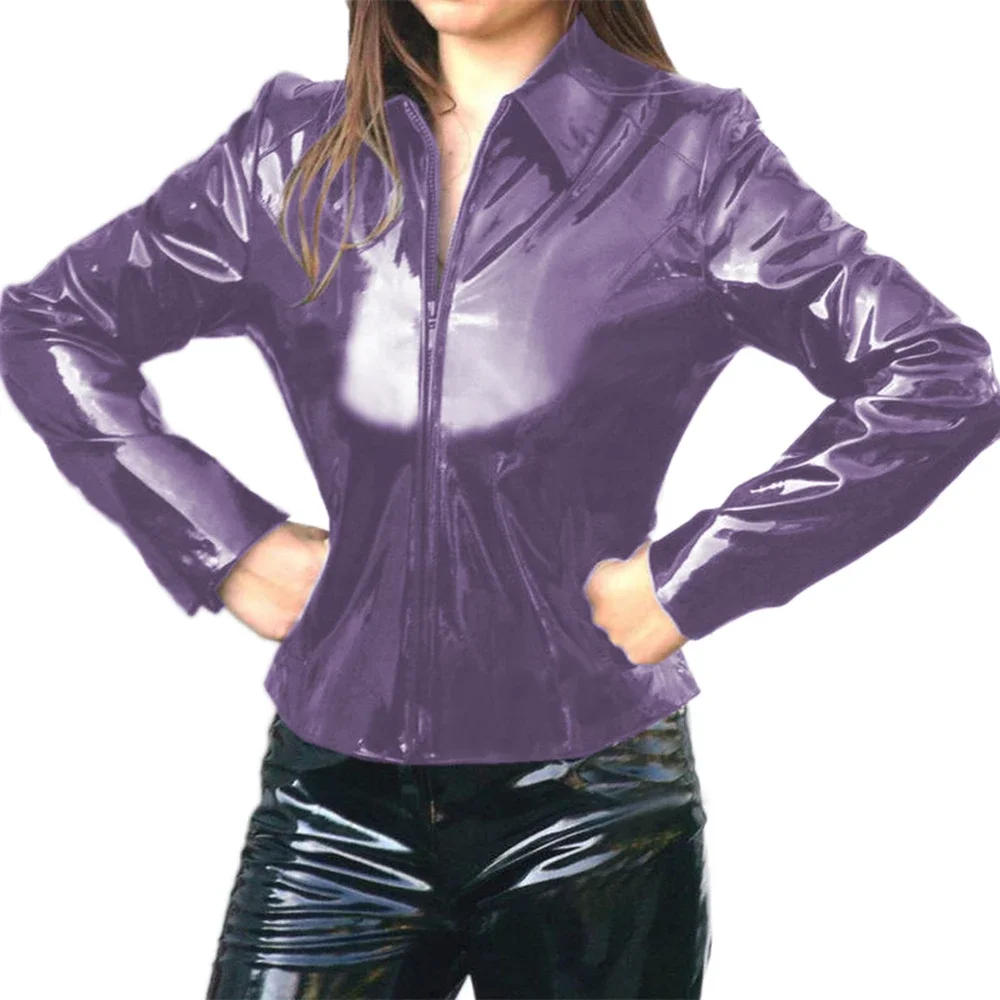 Description Picture 6 of itemLong Sleeve Zipper Turn-down Collar Shiny PVC Leather Womens Jackets High Streetwear Latex Look Coats Gothic Nightclub Top Coat