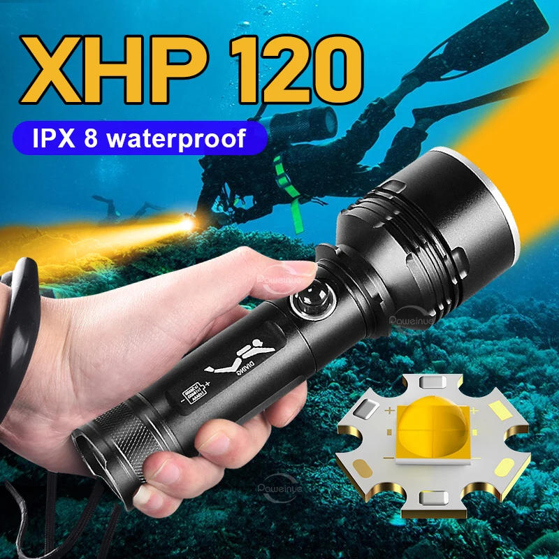 Description Picture 3 of itemNewest Diving Flashlight XHP120 Underwater Powerful Led Flashlight Scuba Diving Torch IPX8 Waterproof Profession Hand Lamp