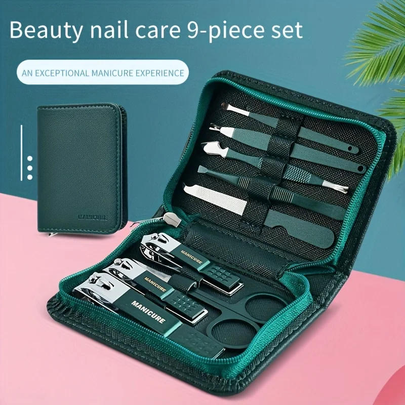 Description Picture 5 of itemGreen 9 Pcs Manicure Set With Leather Case Professional Foot And Face Care Tool Kits Stainless Steel Nail Clipper Sets Gift