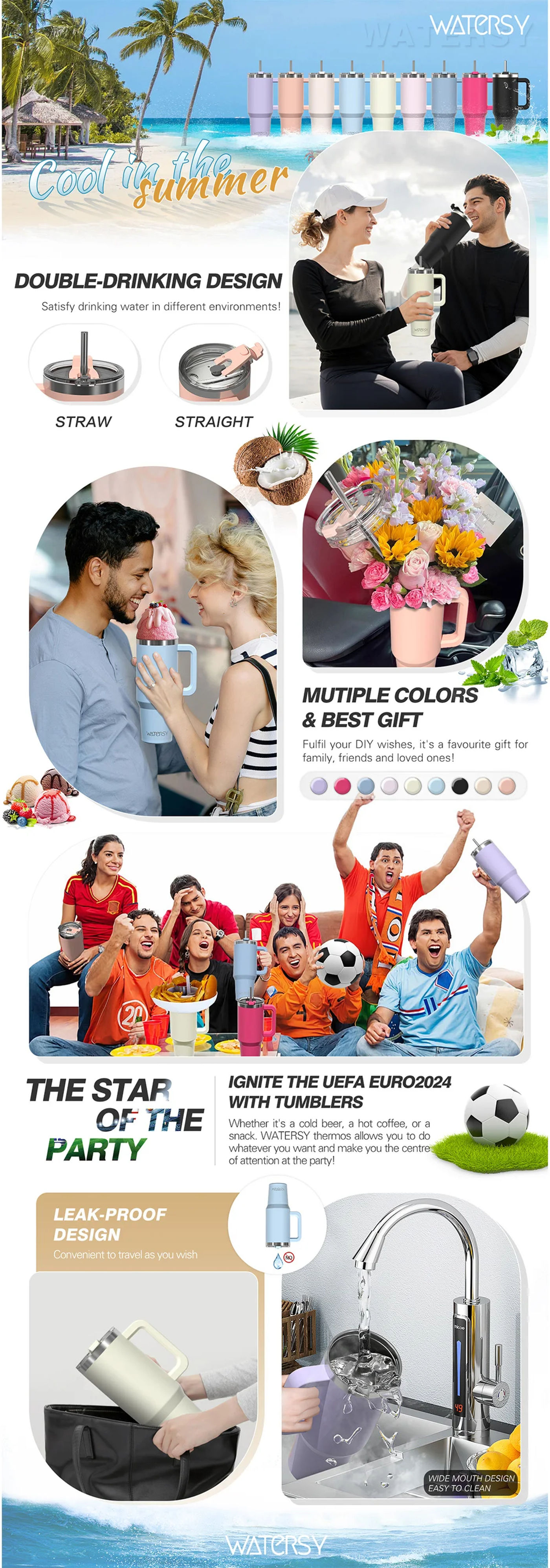 Description Picture 2 of itemWatersy 40oz/1200ml Tumbler with Handle & Straw Lid Stainless Steel Insulated Cup Keep Cold Thermal Mug Portable Car Travel Cup