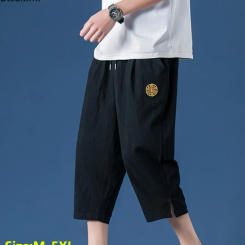 Summer Vintage Men's Cropped Wide-leg Pants Chinese Style Solid Casual Cotton Linen Shorts Men Loose Straight Trouser Sweatpants