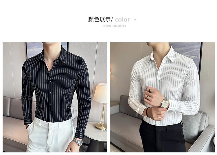 Description Picture 3 of itemHigh Quality Striped Business Shirt for Men Long Sleeved Slim Fit Casual Shirt Streetwear Social Party Tuxedo Blouse 2023 Autumn