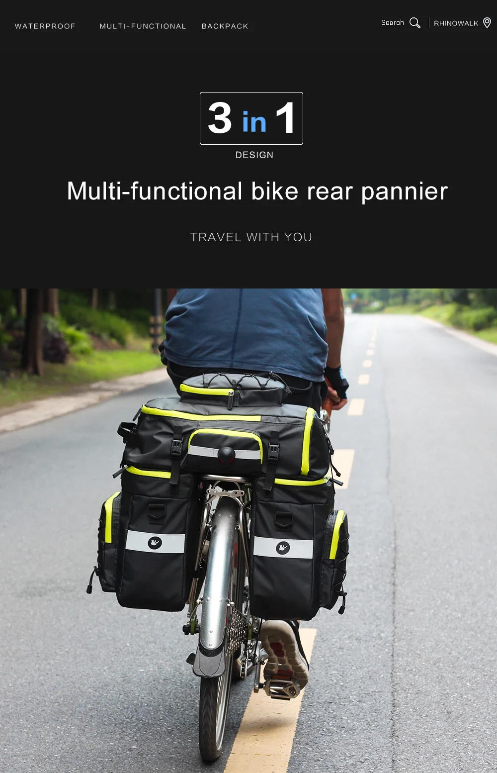 Description Picture 2 of itemRhinowalk Bike Pannier Bag 3 in 1 65L Big Capacity with Rain Cover Cycling Rear Rack Seat Trunk Bag for Mtb&Road Folding Bicycle