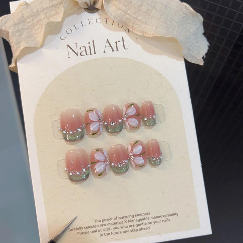 Description Picture 6 of item10Pcs French Handmade Press on Nails Pink Fake Nails with Rhinestone Design Wearable Stick-on Nails Full Cover False Nail 네일팁