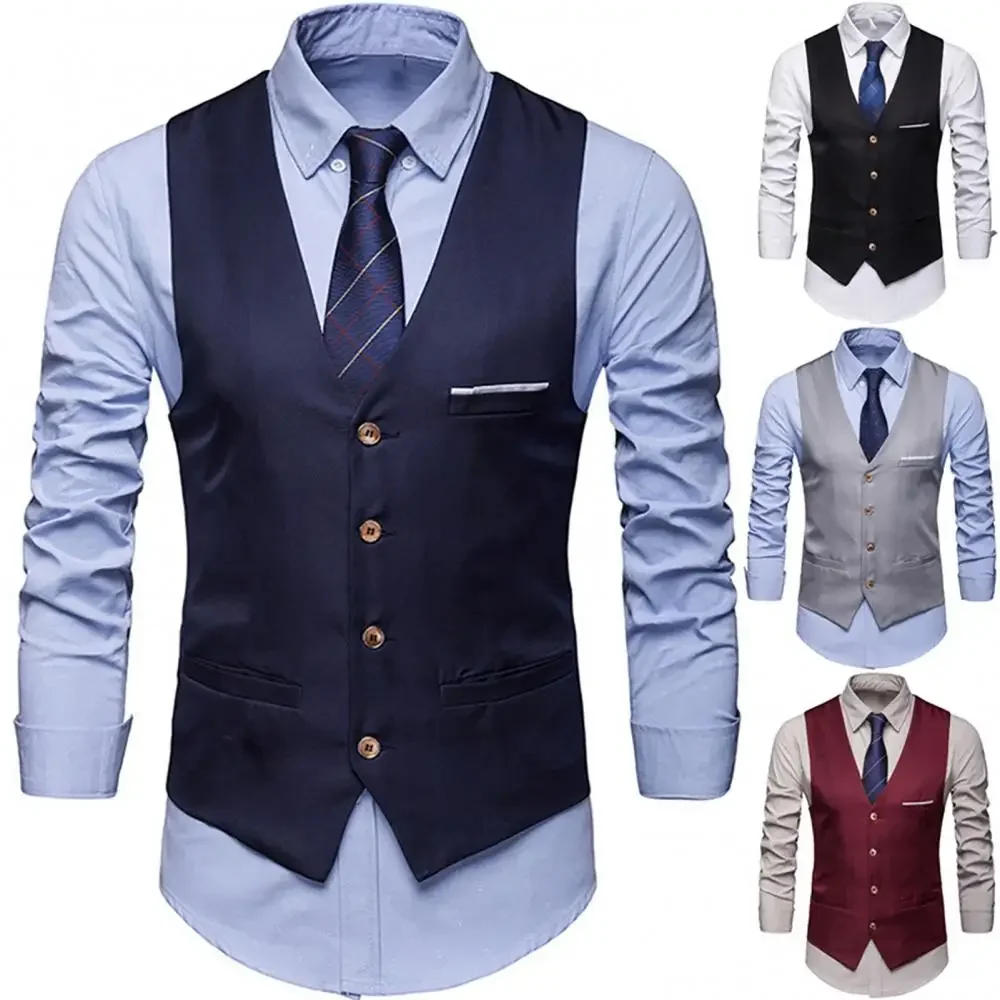 Description Picture 3 of itemFormal Men Suit Vest Solid Color Single Breasted Business Waistcoat