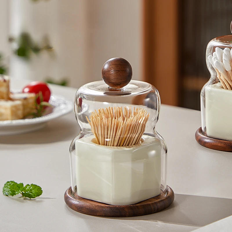 Description Picture 6 of itemSolid Wood Ceramic Toothpick Box Home Creative Dental Floss Cotton Swab Storage Jar Glass Ceramic Toothpick Jar with Lid