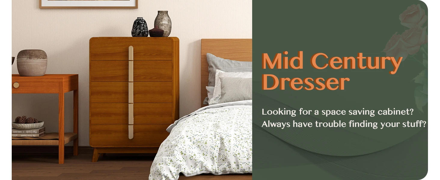 Description Picture 2 of item5 Drawer Dresser with Storage,Mid Century Modern Dresser,Chest of Drawers with Metal Handle,47" Tall Cherry Wood Dresser