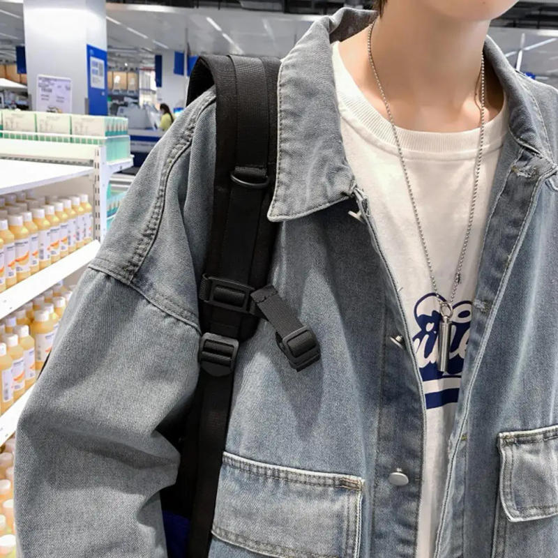 Description Picture 5 of itemCasual Denim Jacket Stylish Men's Spring Autumn Denim Jacket with Lapel Flap Pockets Single Breasted Solid Color Coat Loose Fit