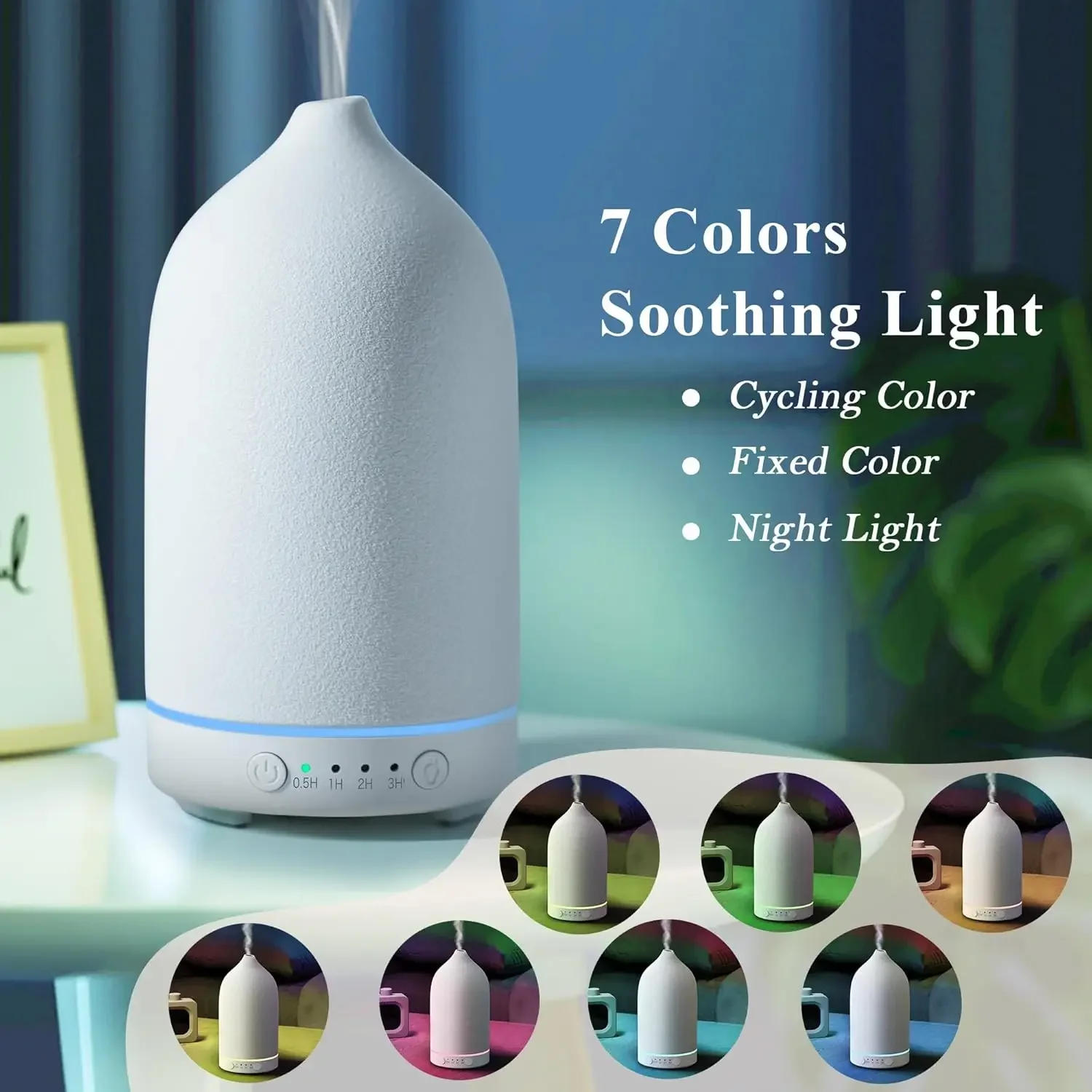 Description Picture 2 of itemEssential Oil Diffuser 100ml Ceramic Ultrasonic Aroma  Diffuser Humidifier Timer Setting 7 LED Colors Changing Lights For Home