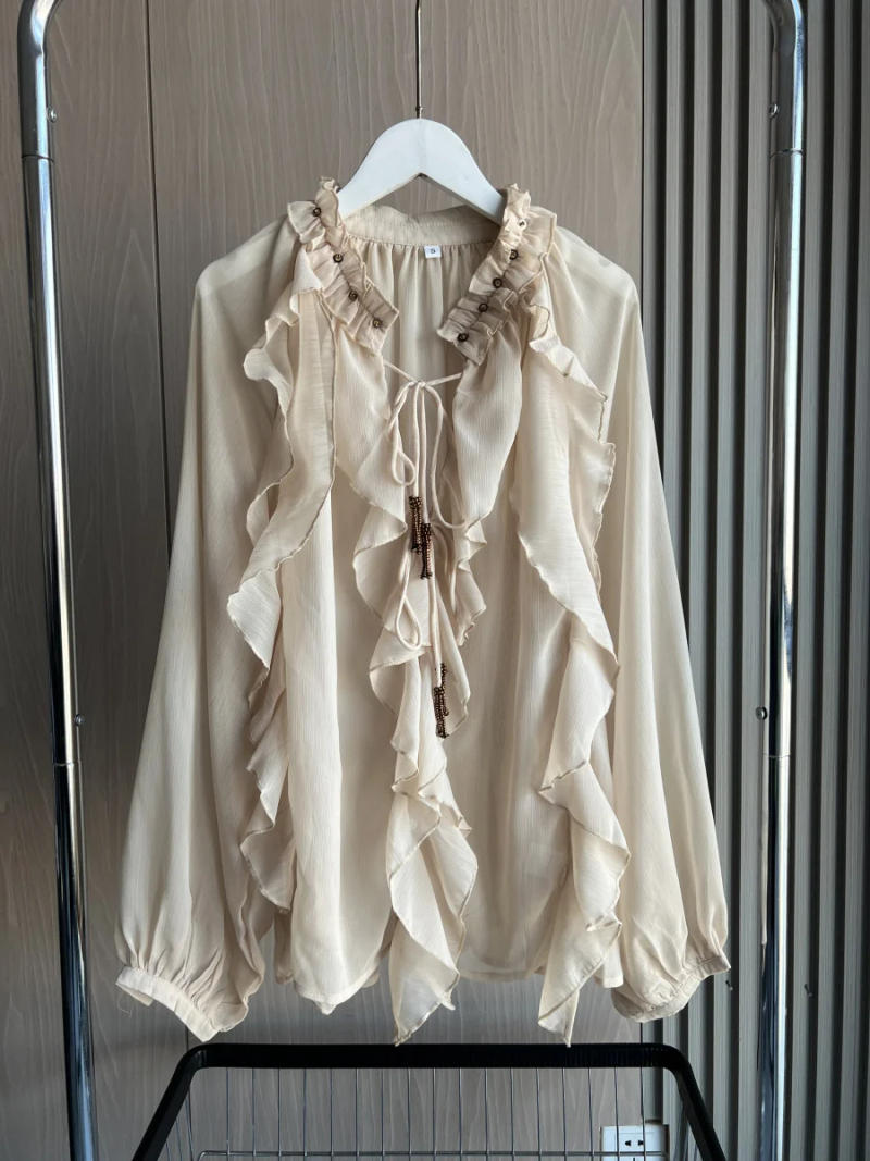 Description Picture 4 of itemETJ Spring 2025 New traf Women's Fashion Translucent fabric beaded rivets decorated V-neck lace ruffled romantic shirt