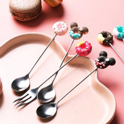 Stainless Steel Doughnut Spoon Fork Coffee Cake Dessert Tea Ice Cream Cartoon Teaspoon Stirring Candy Cute Kids Dinnerware