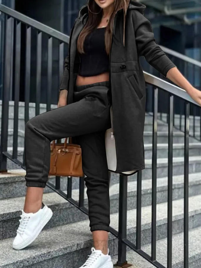 Description Picture 4 of itemPant Sets Women Hooded Zipper Long Coats Two Piece Suits Casual Straight Pants Thick Warm Coat Solid Sporty Autumn Winter