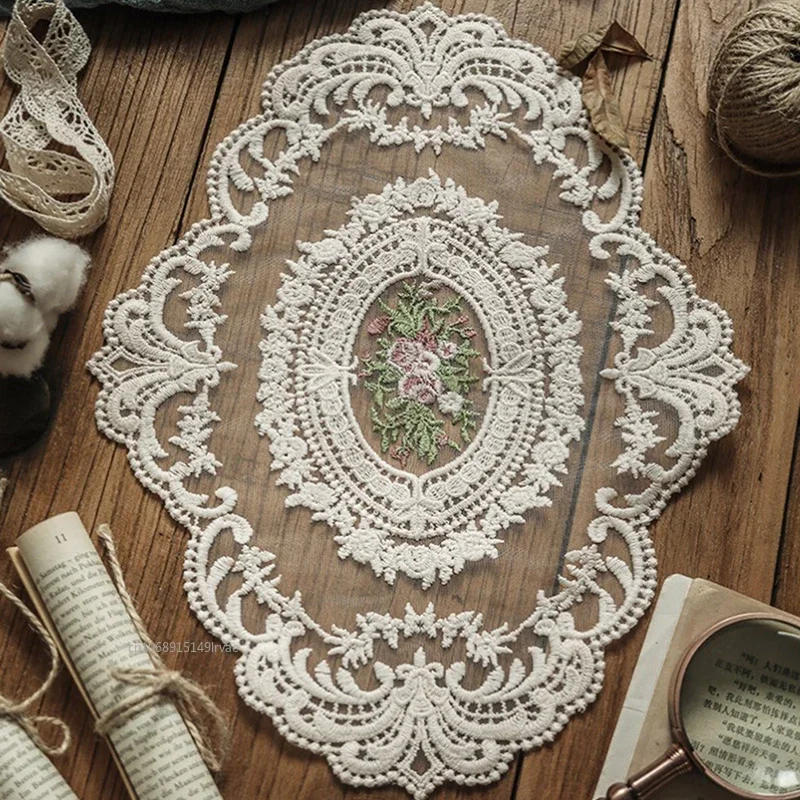 Description Picture 6 of item1PC European Oval Lace Embroidery Placemat Bedroom Study Kitchen Cup Table Mat Food Fruit Plate Cover Cloth Decoration