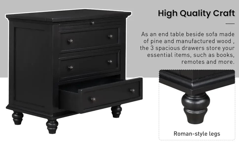 Description Picture 5 of item3-Drawer Nightstand with Pull-Out Tray, Wooden Bedside Nightstand, End Table with Legs, Black Beside Table