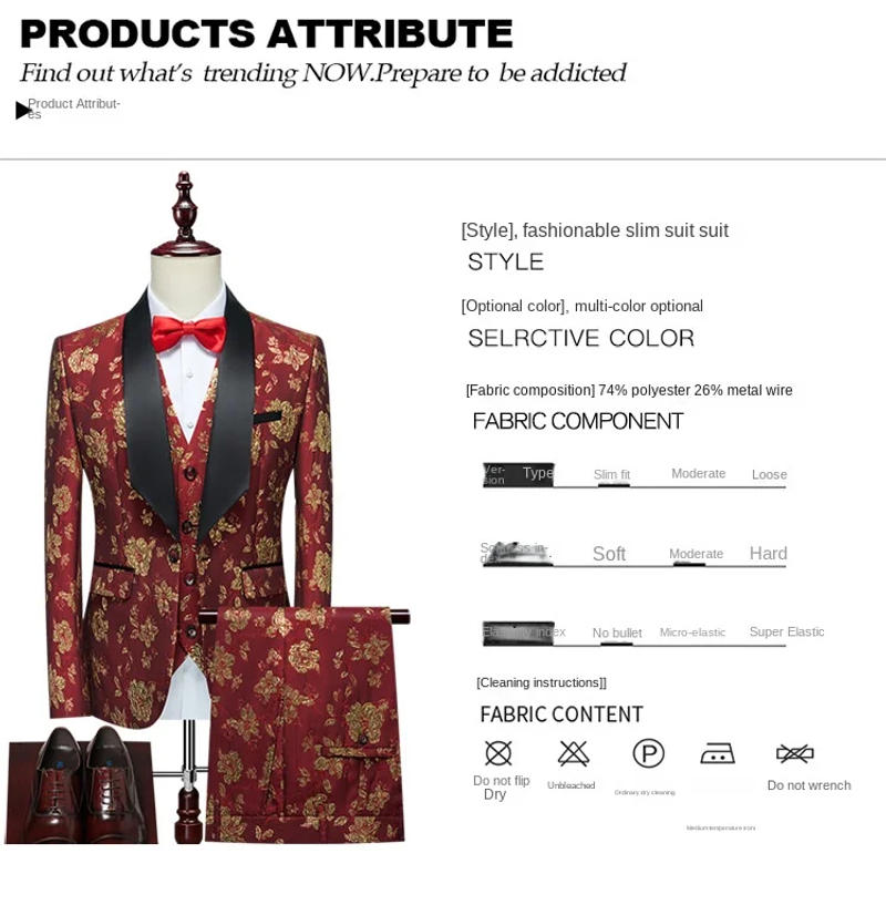 Description Picture 2 of itemBusiness Men's Groomsmen Blazers Trousers Groom Wedding Dress Banquet Solid Color Slim Fit Suit Jacket Coat Vest Pants Set 3 Pcs