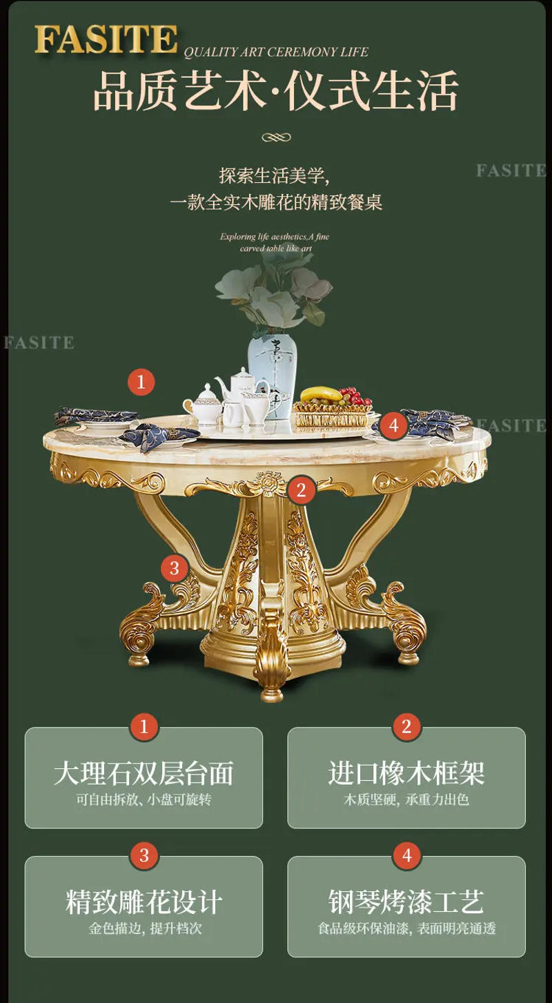 Description Picture 3 of itemEuropean marble dining table, champagne golden dining table, home luxury dining table chairs with turntable