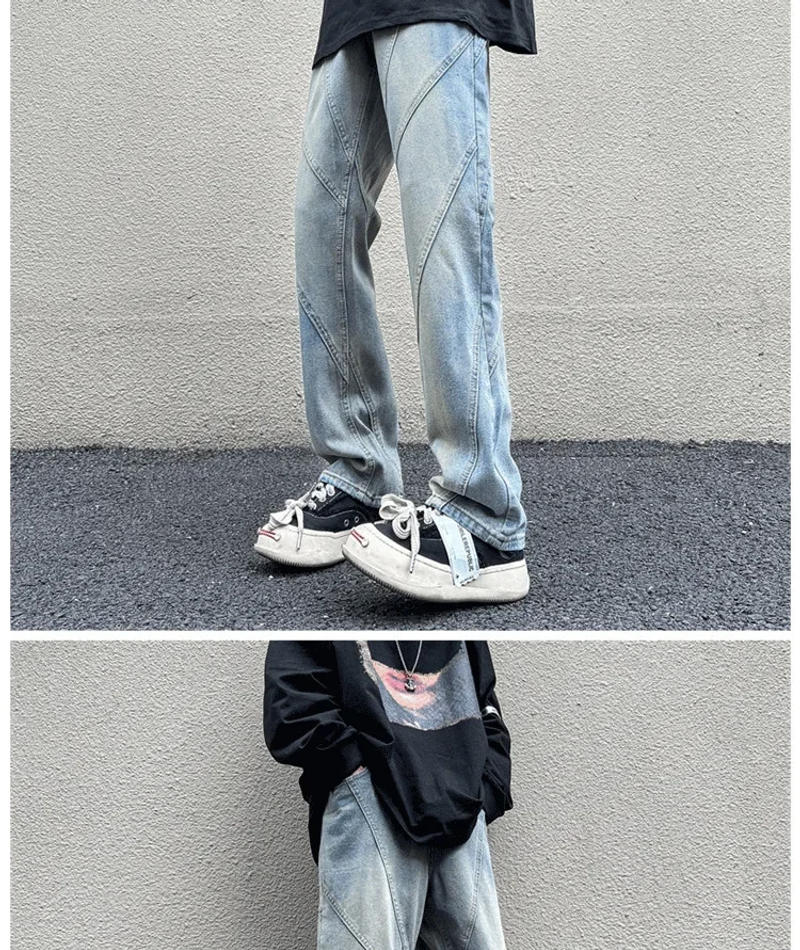 Description Picture 2 of itemAmerican Style High Street Washing Distressed Straight Leg Jeans For Men Trendy Fit Slimming Draped Vintage Patchwork Trousers