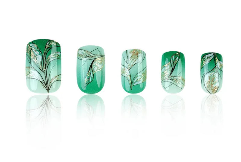 Description Picture 5 of item24pcs Short Square Press on Nails Jade Flower Sparkling Powder Designs Fake Nails with Glue Green Gradient Full Cover Nail Tips