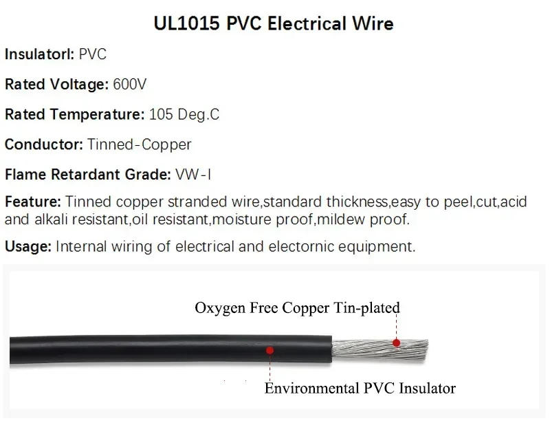 Description Picture 2 of item2/5m  UL1015 Electric Wire 24 22 20 18 16 14 12 10 8 AWG PVC Insulated Lamp Lighting Copper Cable  LED DIY Line 600V