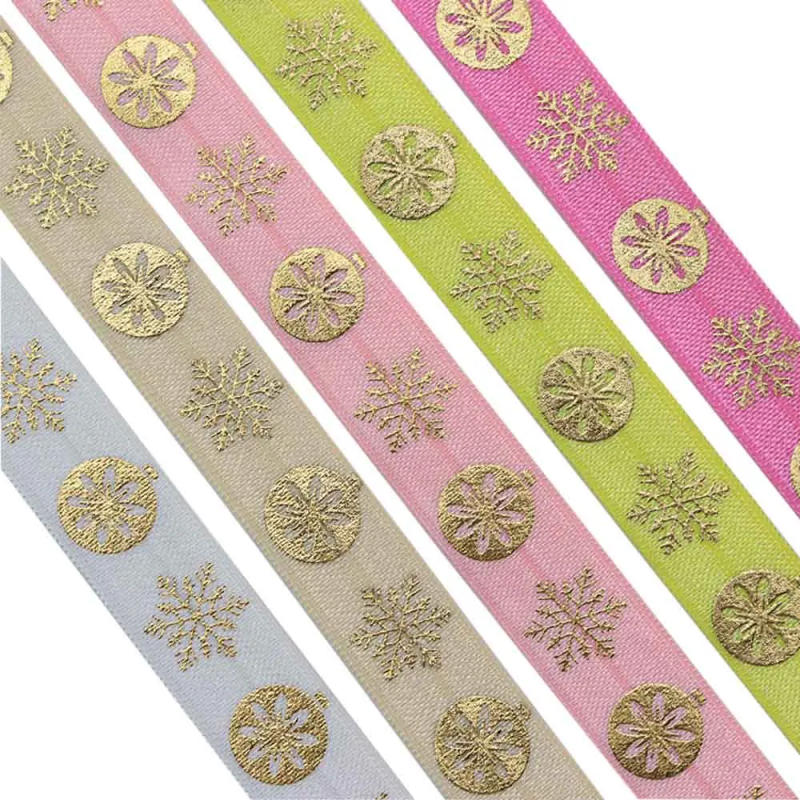 Description Picture 5 of item5/8'' 15MM Gold Foil Christmas Snowflake Printed Fold Over Elastic Band FOE Ribbon For Christmas Decoration DIY Sewing