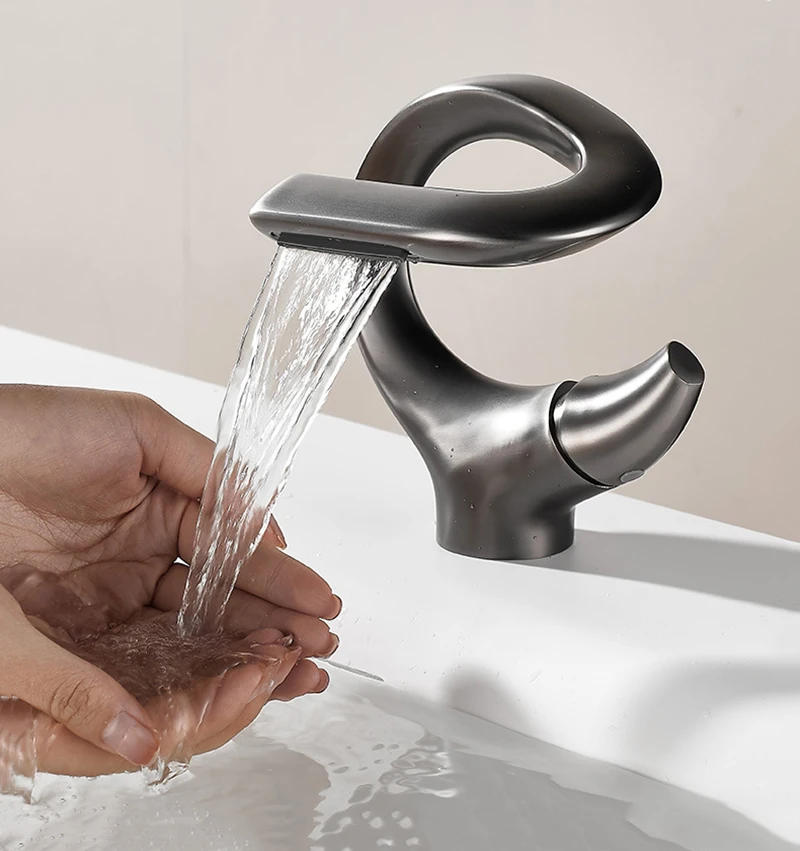 Description Picture 5 of itemBasin Faucet Brushed Gold Waterfall Faucet Black Brass Bathroom Faucet Bathroom Basin Faucet Mixer Tap Hot And Cold Sink Faucets