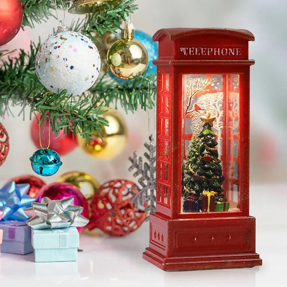 Description Picture 3 of itemChristmas Red Vintage Luminous Phone Booth Lantern Christmas Tree Snowman Santa Claus Figurine in Telephone Booth decoration