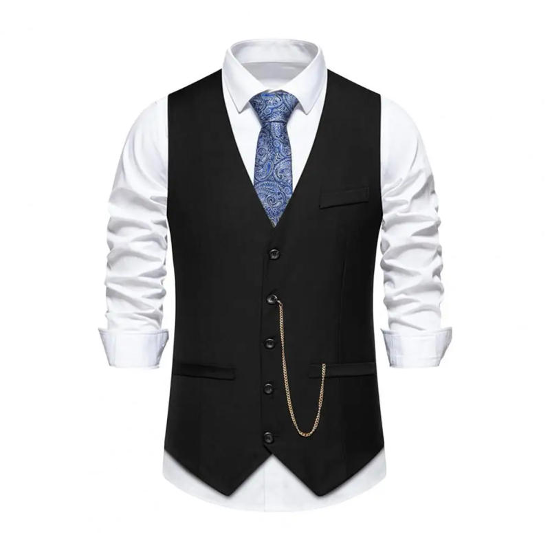 Description Picture 4 of itemComfortable Suit Vest Elegant Men's V-neck Waistcoat with Chain Detailing for Wedding Party Slim Fit Suit Vest Coat for Spring