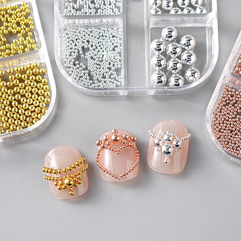 Description Picture 6 of item1 Box Silver/Gold/Rose Gold Shiny Metal Steel Bead Nail Art Decorations Round Bead Mixed Size 3D Rhinestones Manicure Supplies