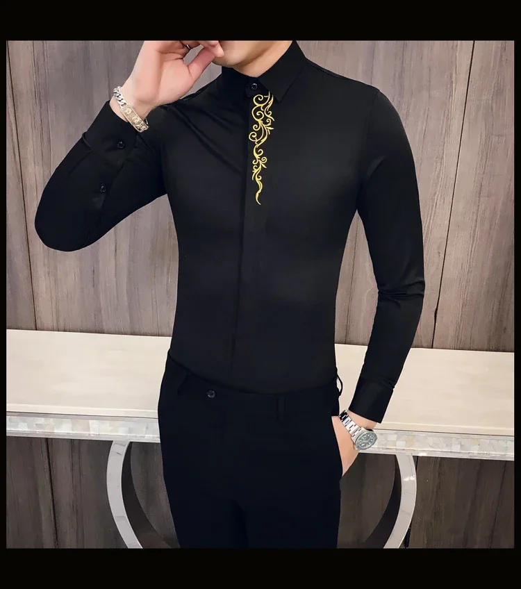 Description Picture 4 of item2024 Autumn Men's Embroidered Shirt Long-sleeved Slim-fit Men's Business Casual Shirt Solid Color Retro Slim-fit Shirt