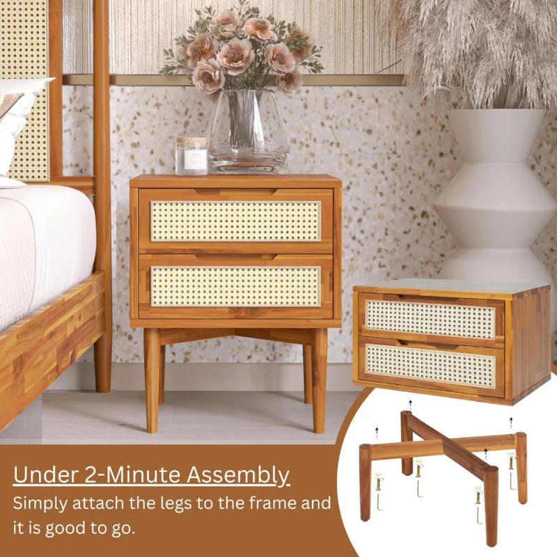 Description Picture 5 of itemBed Table 2-Drawer Bedside Tables Oliver Solid Wood Rattan Nightstand/Side End Table Fully Assembled Furniture Sofa Bedroom Home