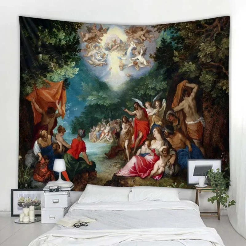 Description Picture 3 of itemRetro oil painting big tapestry wall hanging bohemian background wall cloth bed sheet sofa blanket home room wall decoration