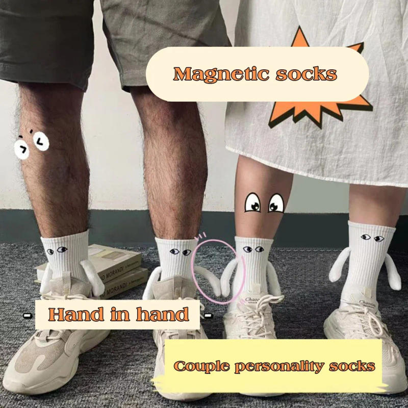 Description Picture 2 of item1 Pair Fashion Woman Socks Funny Creative Magnetic Attraction Hands Black White Cartoon Eyes Couples Socks