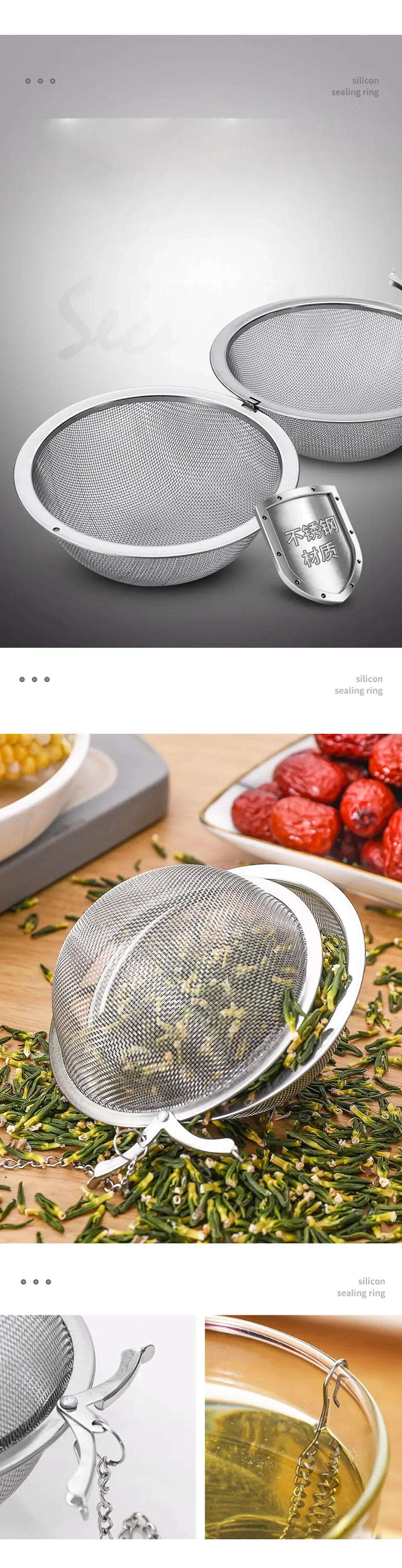 Description Picture 5 of item5 Size Stainless Steel Tea Infuser Sphere Locking Spice Tea Ball Strainer Mesh Infuser Tea Filter Strainers Kitchen Accessories