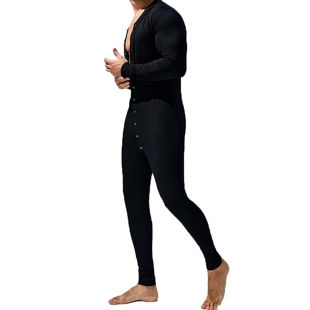 Description Picture 4 of itemMen Jumpsuits Leggings Undershirts Long Sleeve Button Open Crotch Full Bodysuits Onesies Wrestling Singlets One-piece Leotard