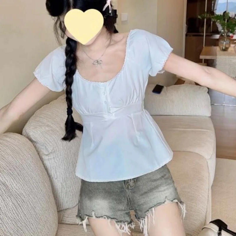 Description Picture 4 of itemShort Sleeved Female Low-necked Tops Shirt Commuting Bottoming Shirt Low-necked White Short T-shirts White Thin