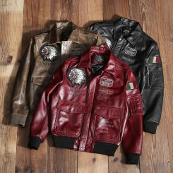 2024 New Red Indian Embroidery Leather Jacket Men's Flying Suit Genuine Cowhide Natural Coat Motorcycle Fashion Clothes