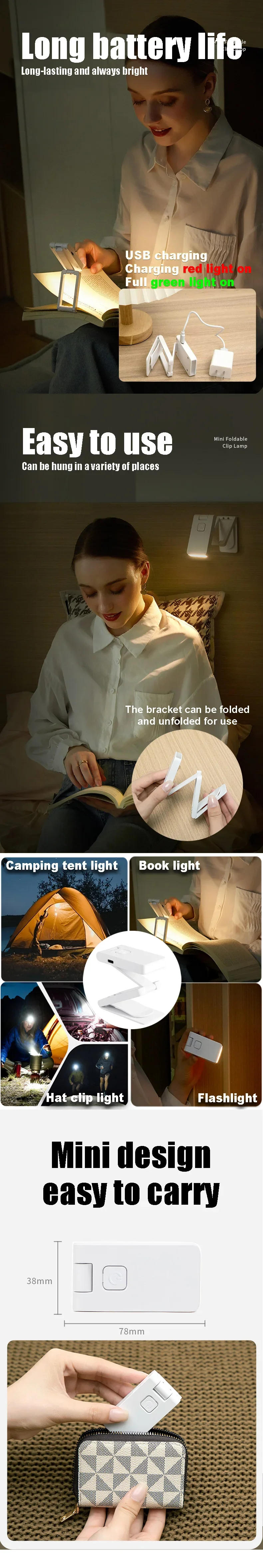Description Picture 3 of item1/2 Pcs Portable LED Book Lights USB Rechargeable Eye Protection Night Light Mini Clip-On Desk Reading Lamp Travel Bedroom Study