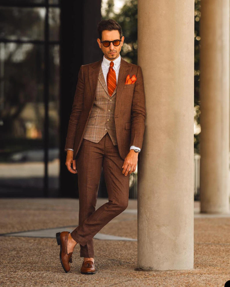 Description Picture 3 of itemBrown Men Suit Tailor-Made 3 Pieces Blazer Plaid Vest Pants Tuxedo One Button Business Work Fashion Wedding Groom Prom Tailored