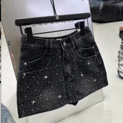 Retro Rhinestone Sequin Denim Shorts Womens Y2K Skirt Gothic Hip Hop Retro Loose Denim Shorts Casual High Waist Slim Mini Skirt