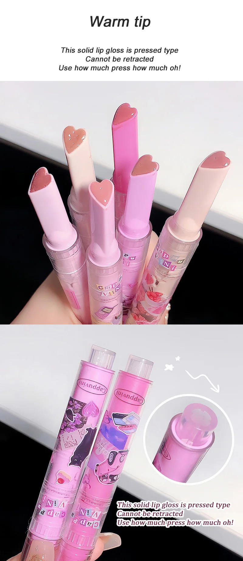 Description Picture 5 of itemMirror Glass Solid Lip Glaze Flowers Water Light Heart Shape Lipstick Clear Oil Jelly Lip Gloss Korean Tint Makeup Girl Cosmetic