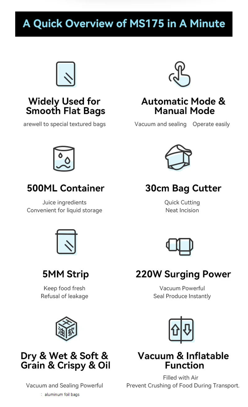 Description Picture 4 of itemMAGIC SEAL MS175 Vacuum Sealer Machine for food Plastic Bag Sealer Kitchen Packer Commercial sealing pakaging machine Sous vide