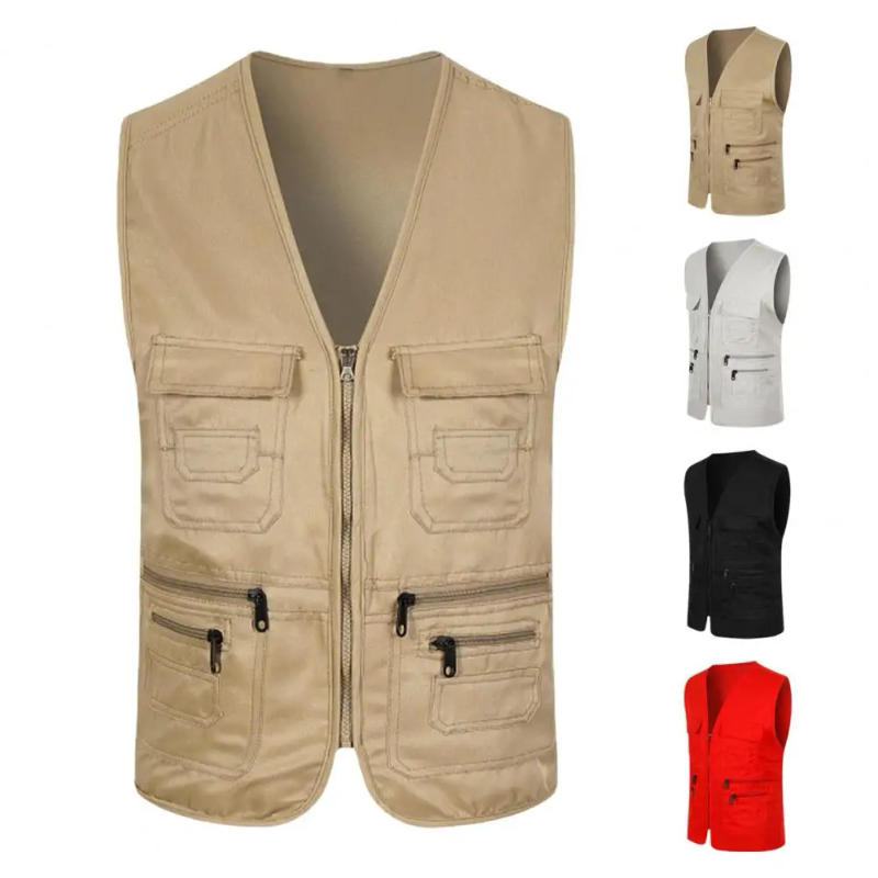 Description Picture 6 of itemMulti-pocket Vest Men Utility Vest Men's Summer Cargo Waistcoat with Multi Pockets V-neck Sports Vest Solid Color Zipper Placket