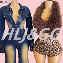 HLJ&GG Fashion Fur Halter Bandage Two Piece Sets Women Sleeveless Backless Top And Leopard Sequin Shorts Outfits Sexy Streetwear