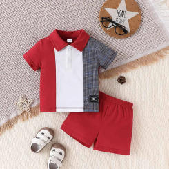 2-piece set of fashionable and casual baby boy color blocked polo collar short sleeved top and breathable shorts, summer