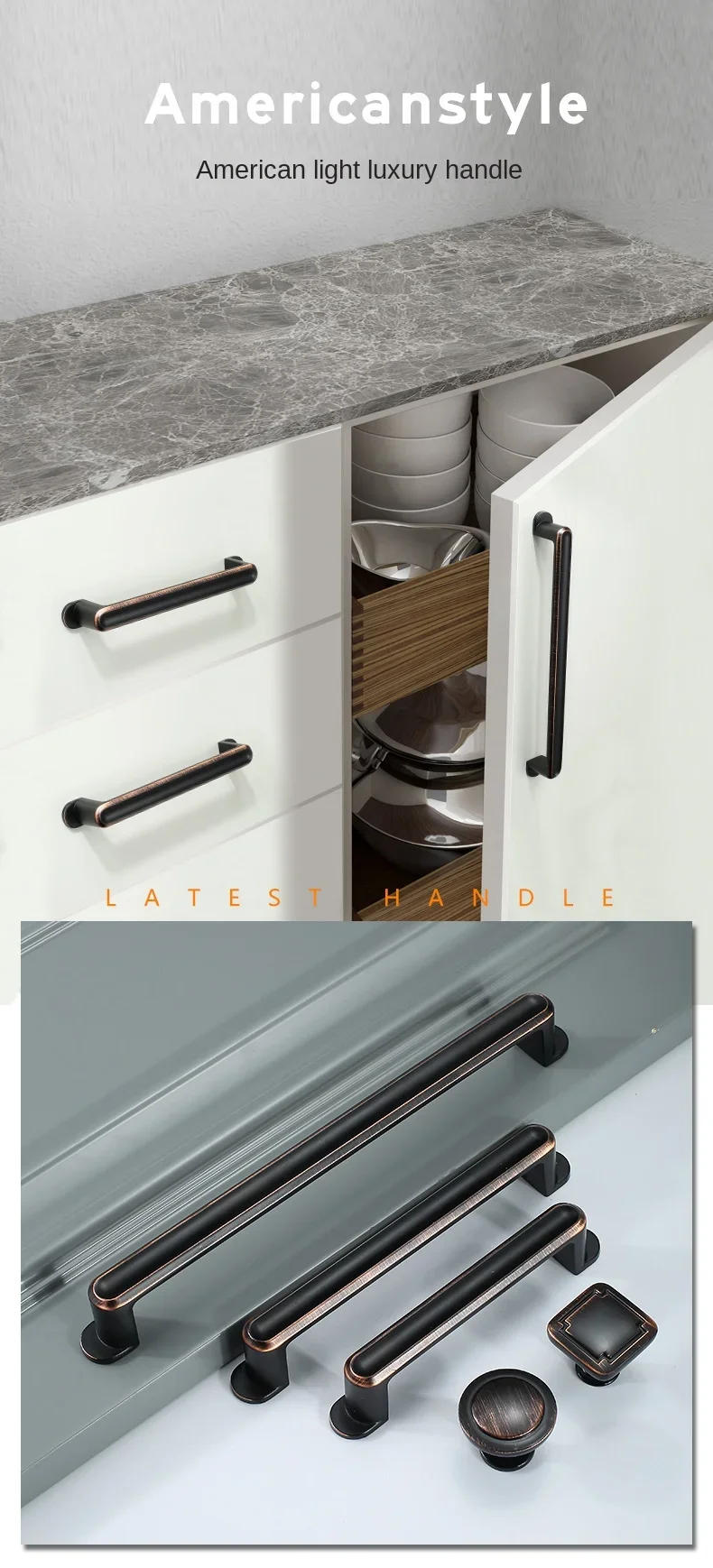 Description Picture 2 of itemZinc Alloy Black Cabinet Handles American Style Solid Kitchen Cupboard Pulls Drawer Knobs Furniture Handle Hardware