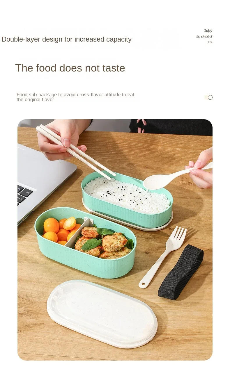Description Picture 5 of itemDouble Layer Portable Lunch Box with Fork and Spoon Microwave Bento Boxes Dinnerware Set Food Storage Container