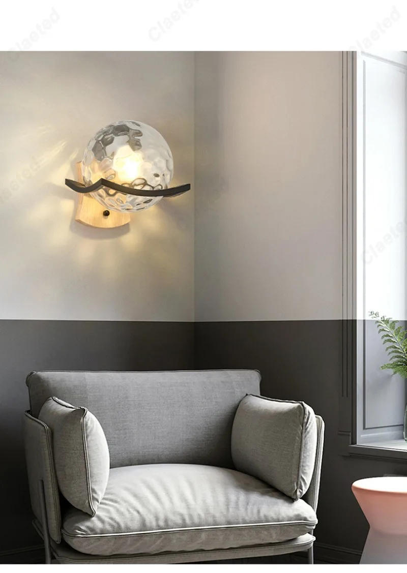 Description Picture 3 of itemSimple LED Wood Wall Lamp E27 Glass Ball Lampshade Bedroom Bedside Lamp Hotel Interior Corridor Decorative Lighting Fixture