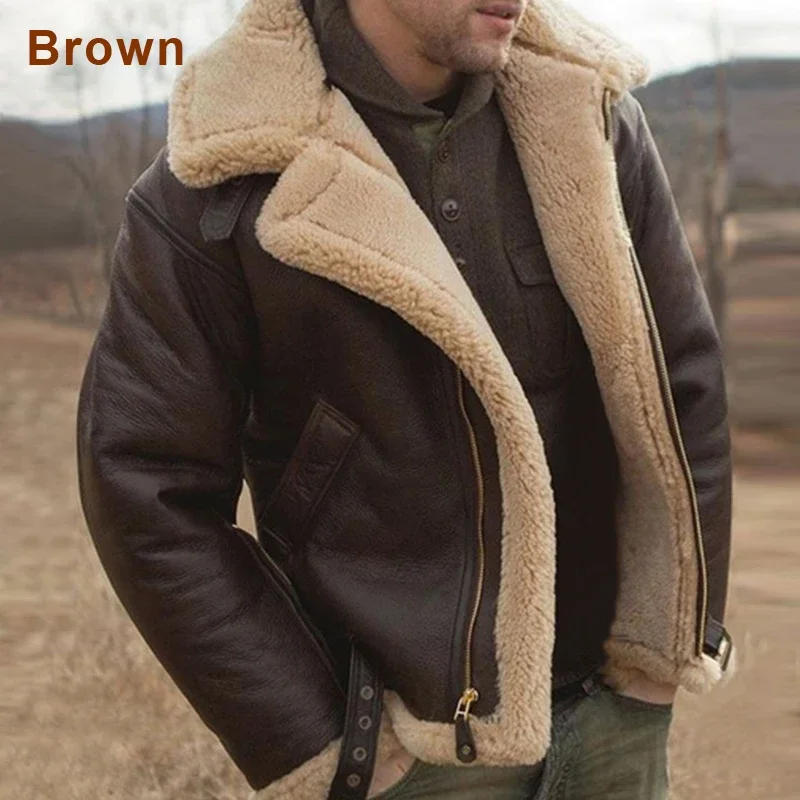 Description Picture 4 of itemMen's Faux Leather Classic Brown Black Bomber Jacket Winter Shearling Sheepskin Coat Men's Leather Biker Jacket Large Size